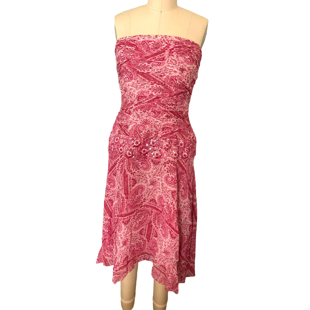 Y2K Kay Unger Silk Chiffon Paisley Prnt Strapless Dress w/ Beaded Low Waist Sz 8
